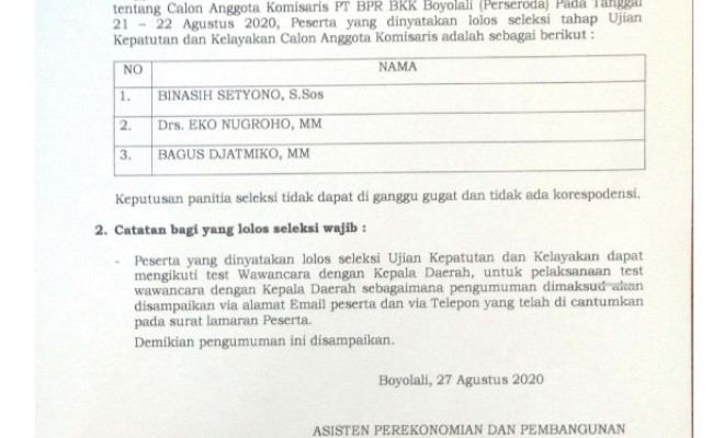 Hasil Seleksi Ujian Kepatutan Dan Kelayakan Calon Anggota Komisaris PT BPR BKK Boyolali ( PERSERODA )